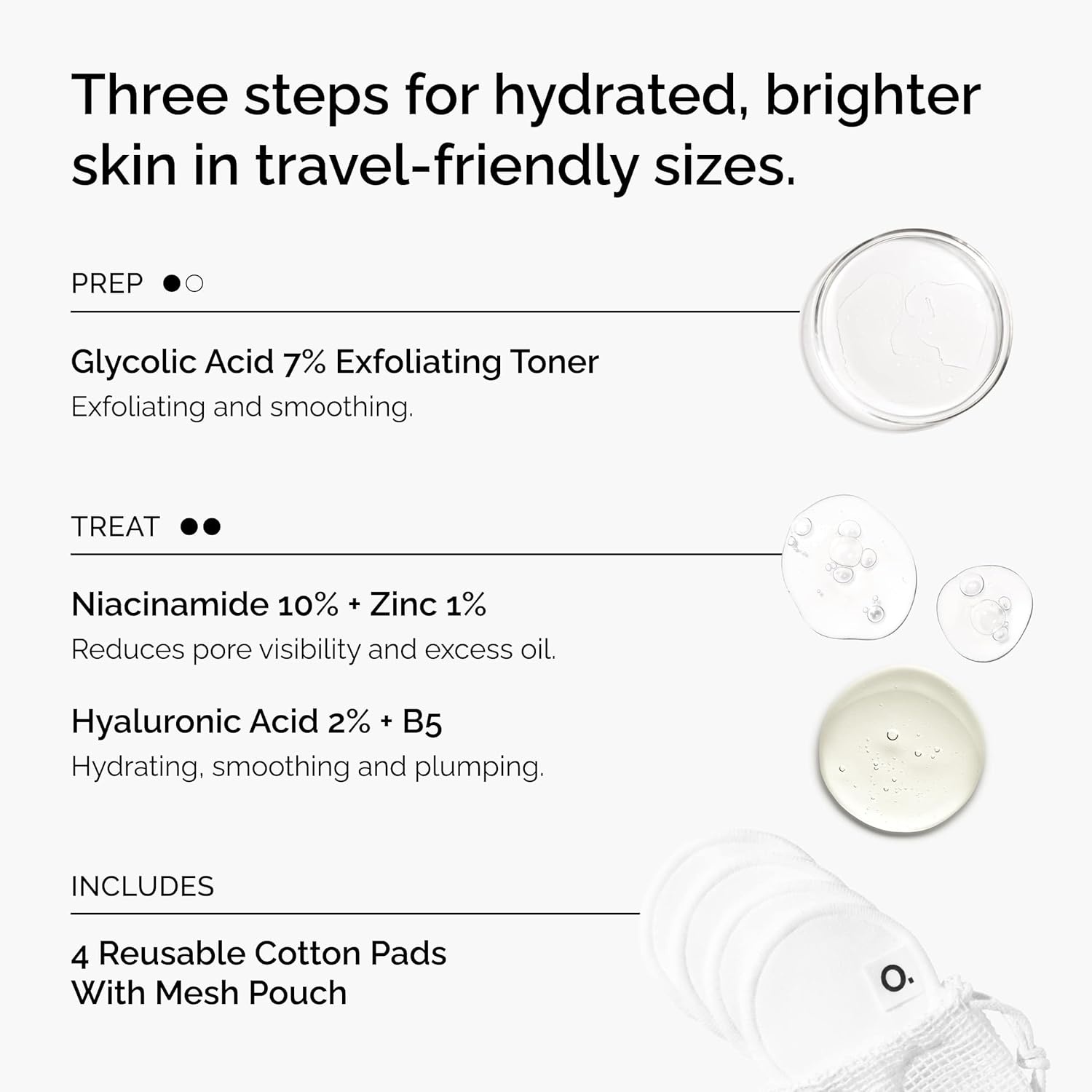 The Ordinary The Mini Icons Set, Travel Size Skin Care to Hydrate and Brighten, Glycolic Acid 7% Exfoliating Toner, Niacinamide 10% + Zinc 1%, Hyaluronic Acid 2% + B5, 4 Reusable Cotton Pads
