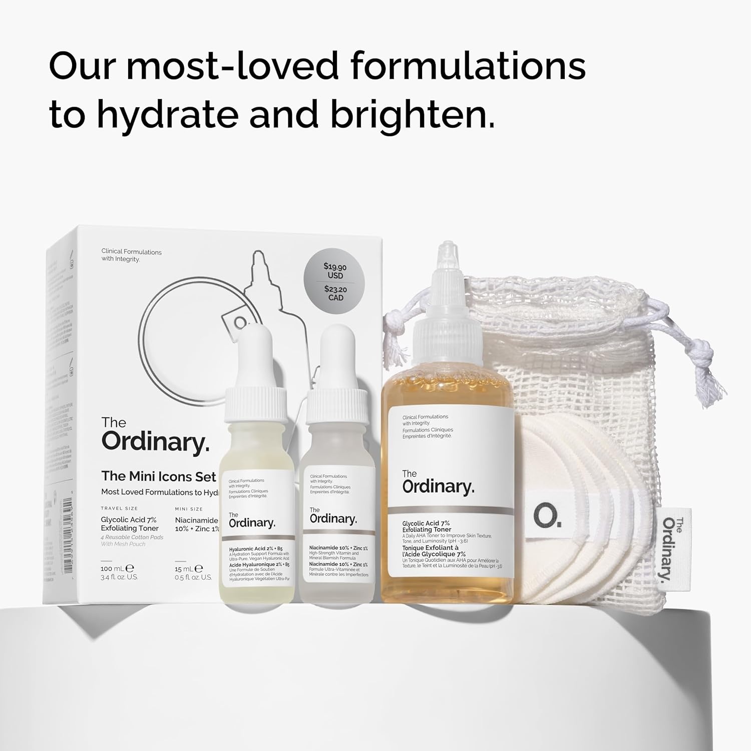 The Ordinary The Mini Icons Set, Travel Size Skin Care to Hydrate and Brighten, Glycolic Acid 7% Exfoliating Toner, Niacinamide 10% + Zinc 1%, Hyaluronic Acid 2% + B5, 4 Reusable Cotton Pads - view 2